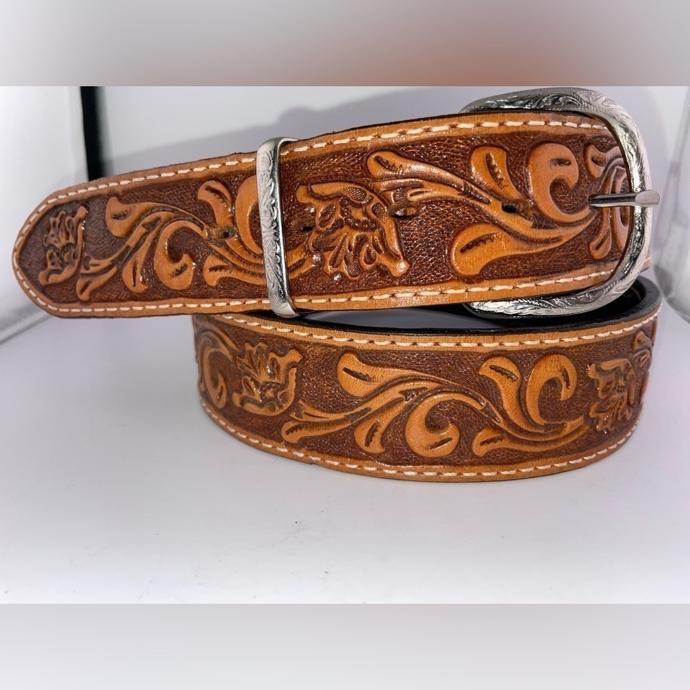 NWOT Double J Saddlery Cognac Leather Tooled Belt 44 MSRP $335​​​​​​​​​​​​​ - Picture 6 of 10